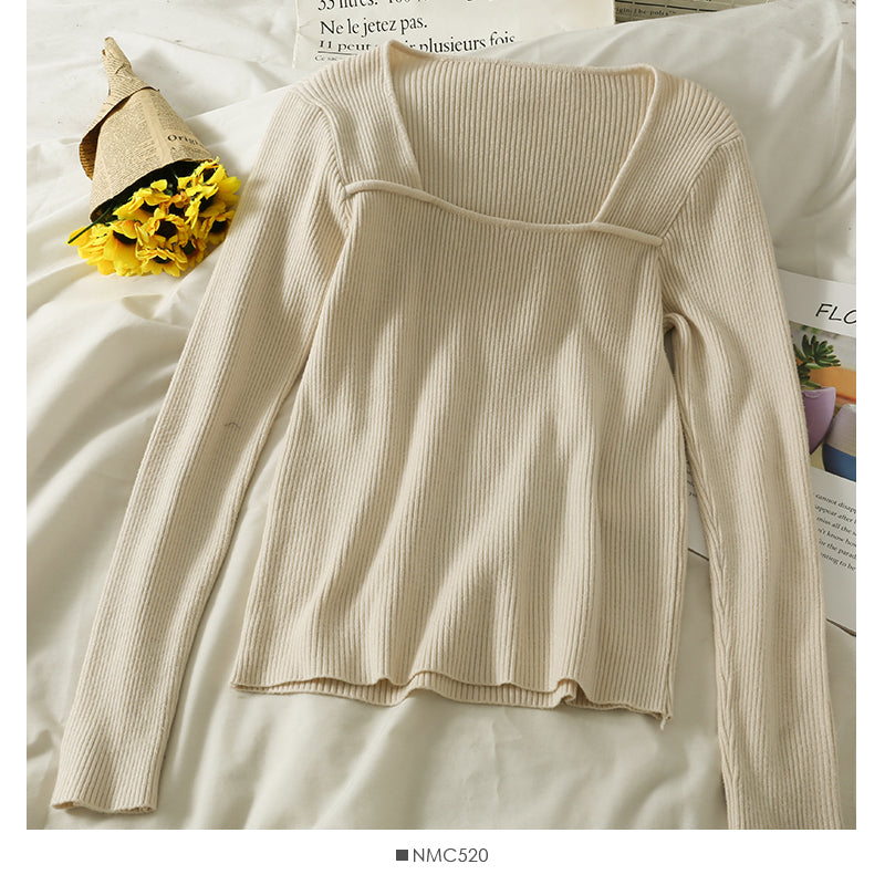 Solid color versatile low collar collarbone exposed long sleeve bottomed top  1813