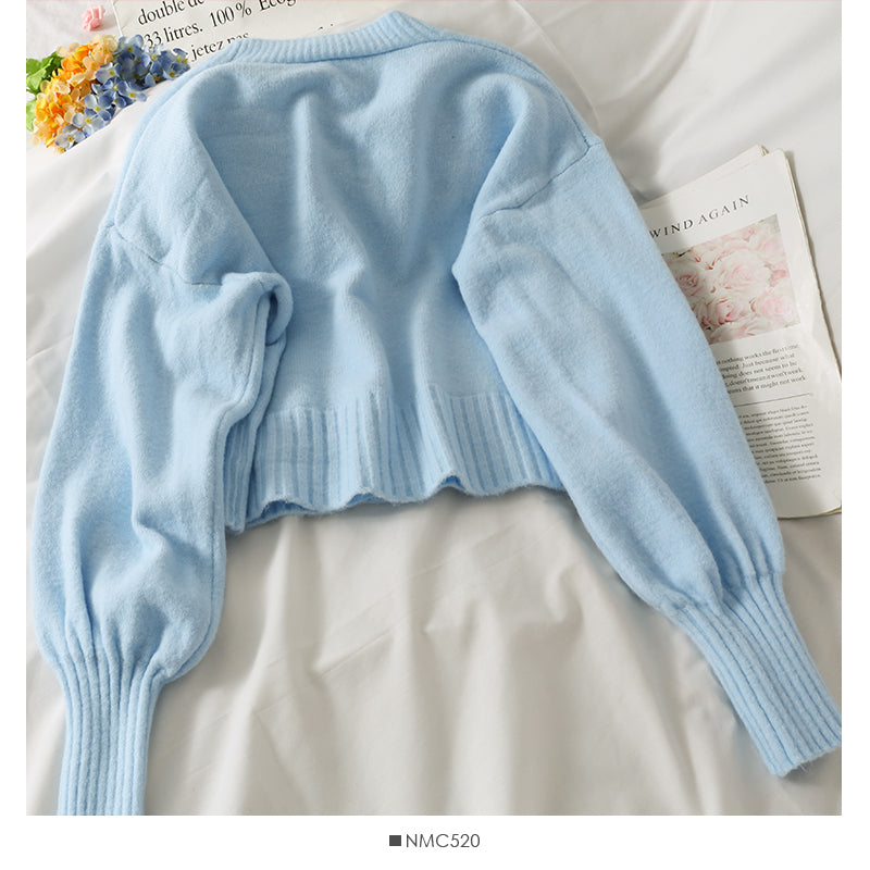 Sweater female small short two button long sleeve sweater  1880