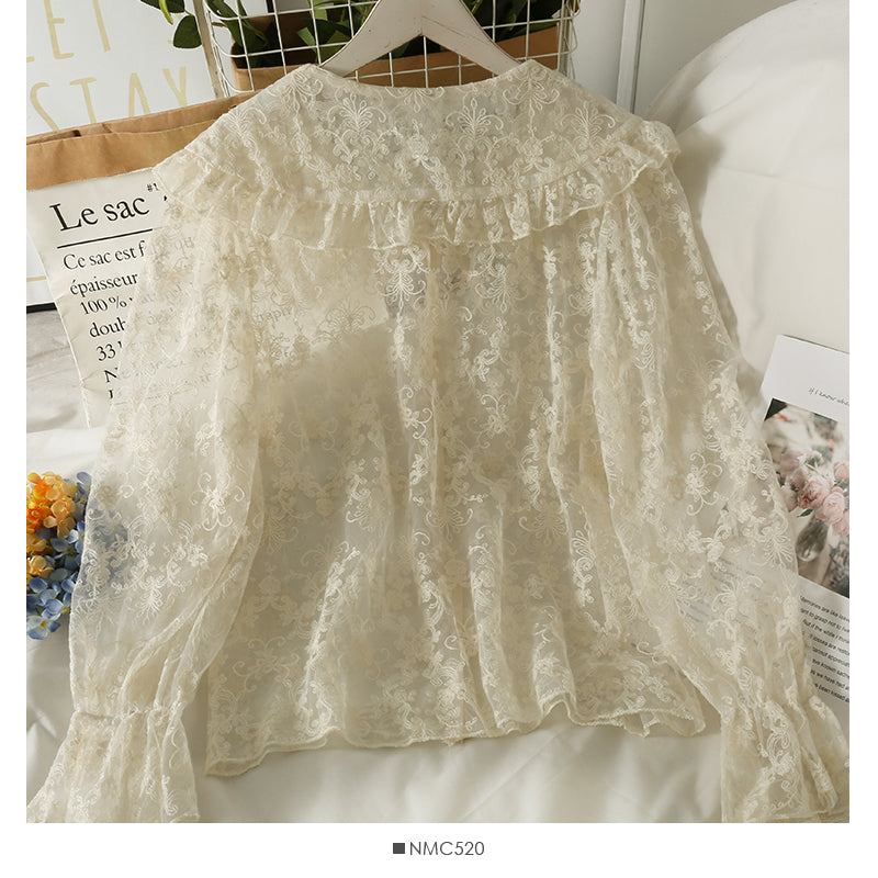 Lace bottomed shirt with vertical stripe knit vest  1714