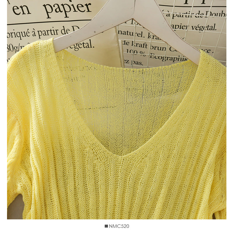 Vertical stripe thin micro transparent short sweater  1717