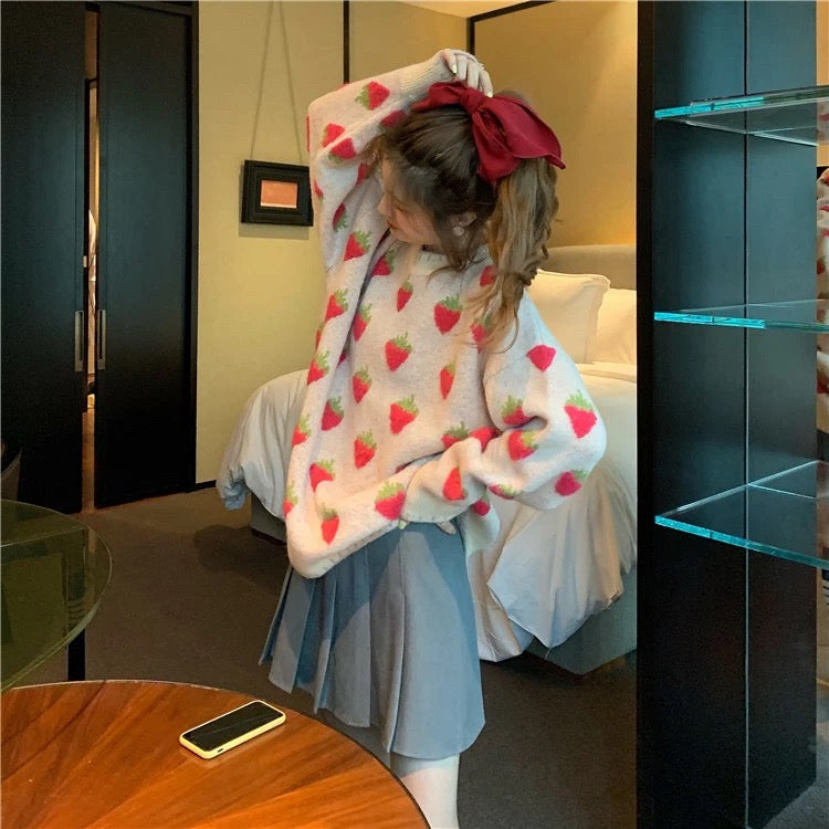 New, loose, sweet, girl strawberry pullover, lazy, vintage, heavy knitted sweater  1438