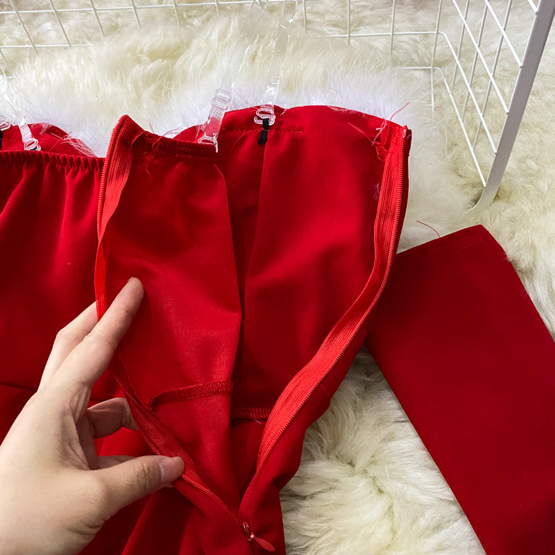 Red/black fashion heart-shaped collar sexy waist slimming off-shoulder Christmas birthday dress 2718