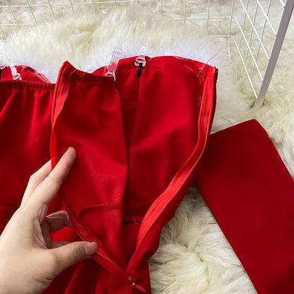 Red/black fashion heart-shaped collar sexy waist slimming off-shoulder Christmas birthday dress 2718