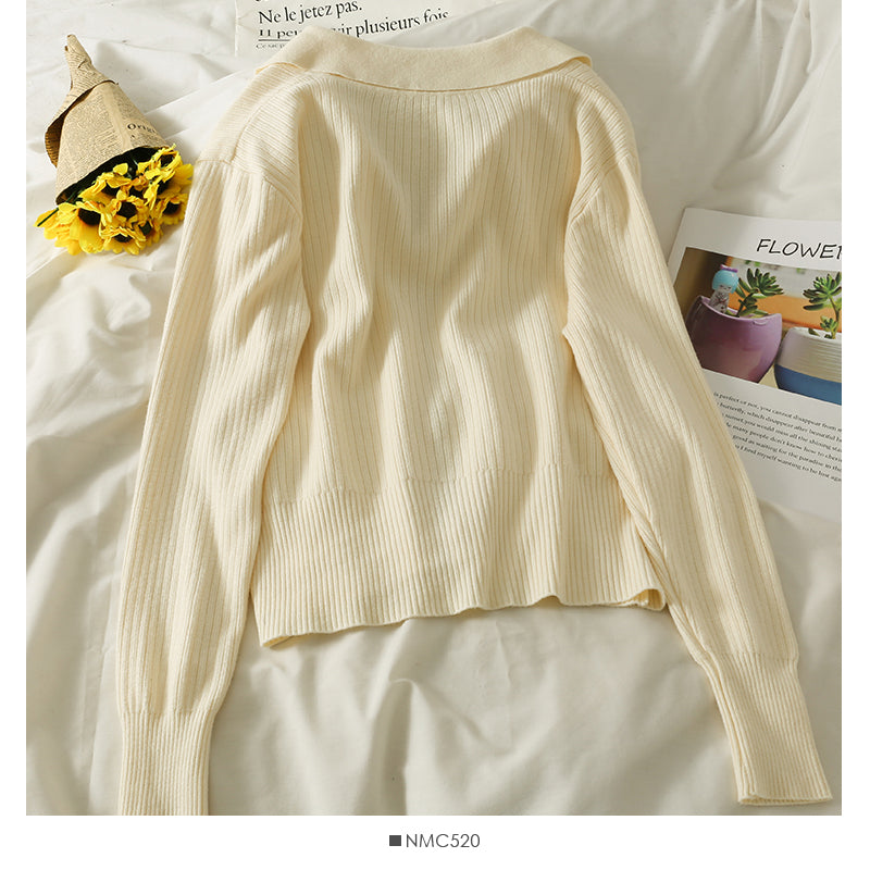 Lapel Zip Cardigan long sleeve vertical stripe top  1830