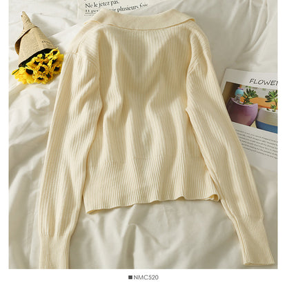 Lapel Zip Cardigan long sleeve vertical stripe top  1830