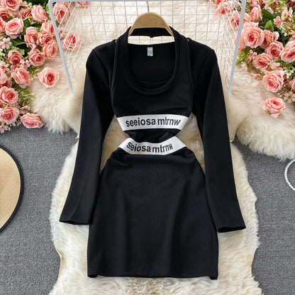 Fake two piece neck and shoulder bag hip dress  2857