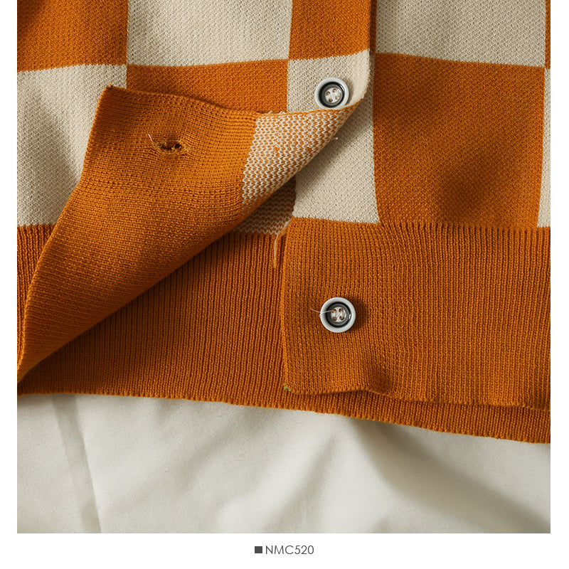 Color contrast check Crew Neck Long Sleeve loose sweater women's new single breasted cardigan sweater  1967