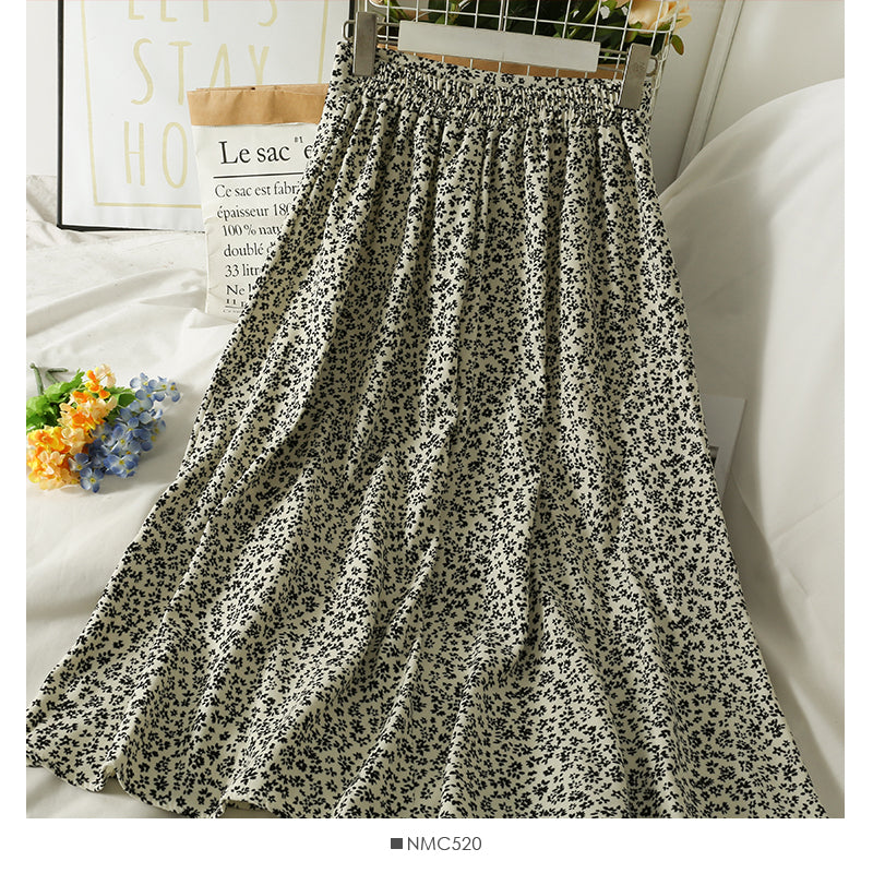 Hong Kong style retro floral high waist medium length A-line skirt  2485