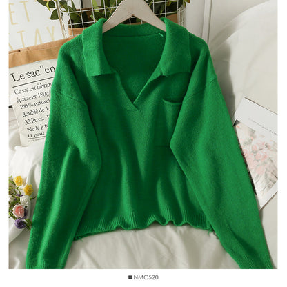 Sweet wind candy color Lapel slim fit Pullover knit  1848