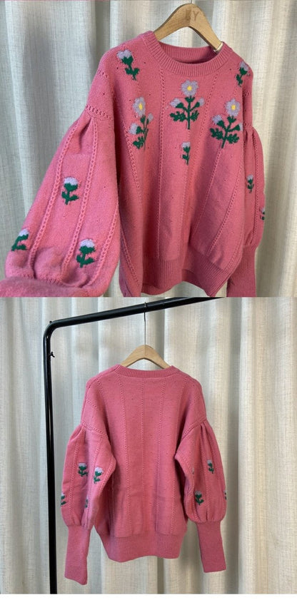 Temperament flower sweater, vintage, jacquard lantern sleeve jumper, fall outerwear top  1409