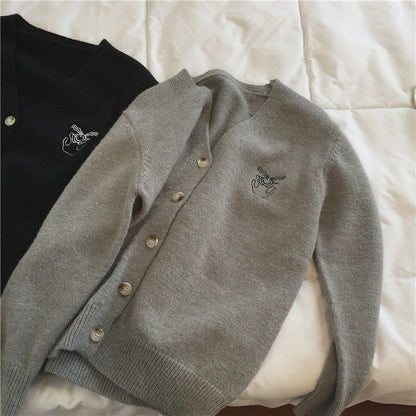 Lazy, little embroidery V-neck cardigans, loose design sweaters  1432