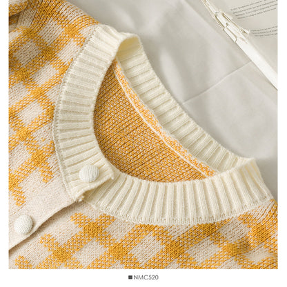 Korean retro color block check short loose knit women's shirt  1815