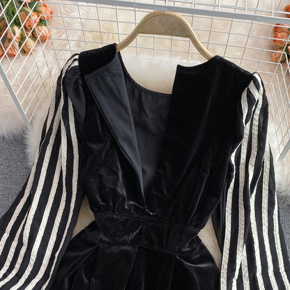 Quality waist stripe long sleeve fake two piece velvet dress  3229