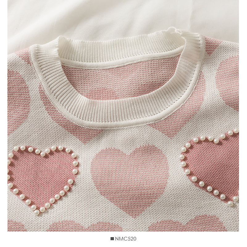 Sweet wind nail pearl heart print sweater for women  1839