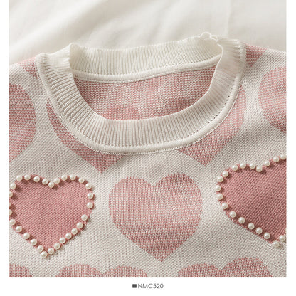 Sweet wind nail pearl heart print sweater for women  1839