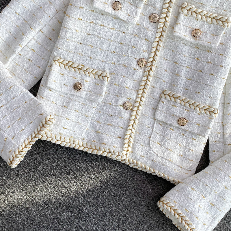 Temperament small fragrance bright silk woven single breasted long sleeved coat  1634