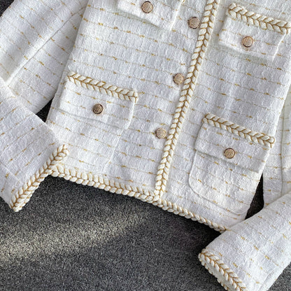 Temperament small fragrance bright silk woven single breasted long sleeved coat  1634