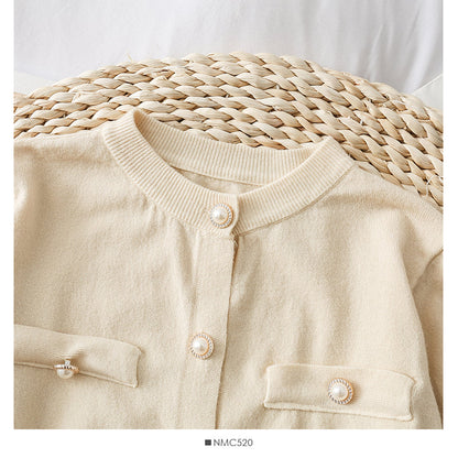 Round neck single row pearl button cardigan sweater coat  1865
