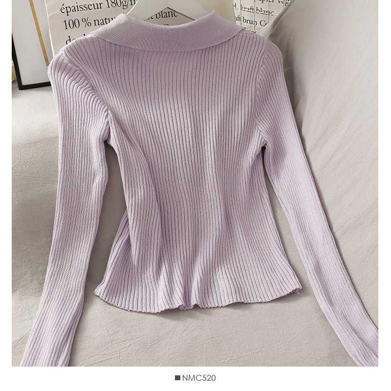 Personalized double zipper tight vertical stripe long sleeve knit  1777