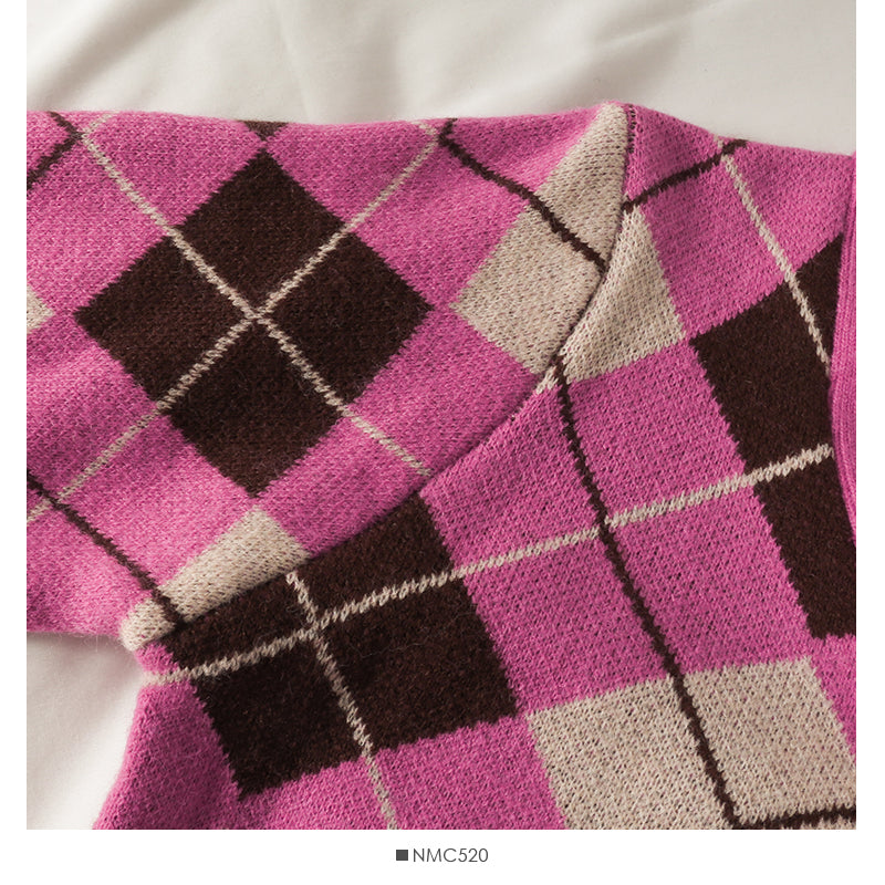 Diamond check single breasted V-Neck Sweater for women  1778