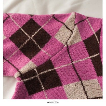 Diamond check single breasted V-Neck Sweater for women  1778