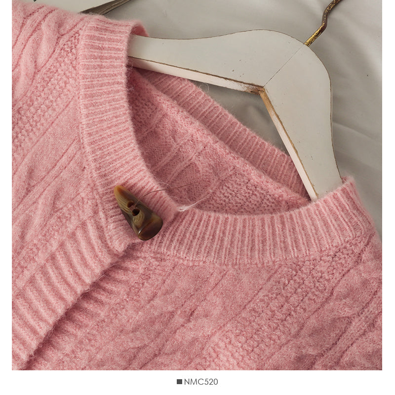 Sweater women's solid color ox horn button round neck sweater  1825