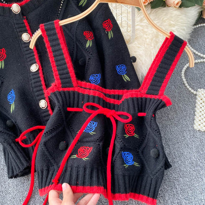 Knit cardigan, vintage, embroider flower, loose long sleeve sweater, short paragraph spaghetti strap top, sweet two sets 1339