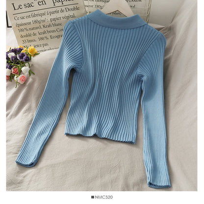 Korean solid color versatile breasted Lapel tight knit women's shirt  1842