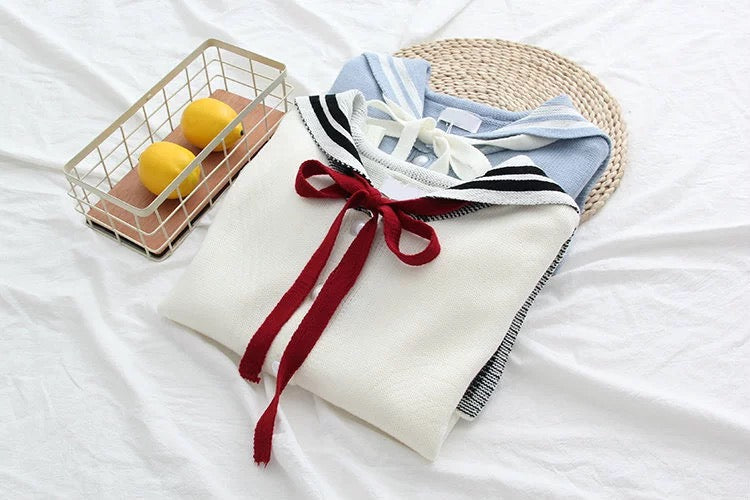 Navy collar long sleeve sweater, student tie bow knit cardigan  1414