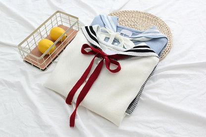 Navy collar long sleeve sweater, student tie bow knit cardigan  1414