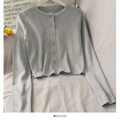 Net red same single breasted short slim fitting long sleeve knitted cardigan  1694