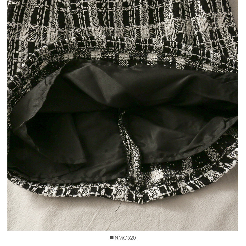 Short open navel bubble long sleeve top Plaid high waist skirt  2518