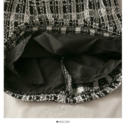 Short open navel bubble long sleeve top Plaid high waist skirt  2518