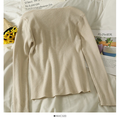 Solid color versatile low collar collarbone exposed long sleeve bottomed top  1813