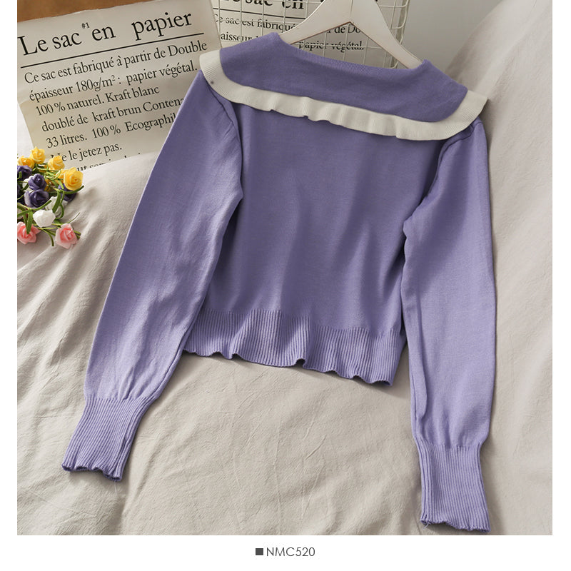 College style white border doll collar single breasted cardigan top  1806