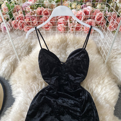 Banquet wine red evening dress velvet suspender split dress  3309