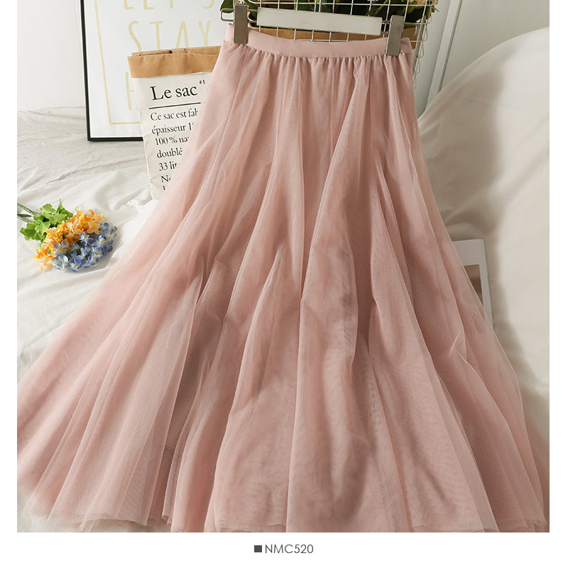 Sweet wind high waist thin medium length solid color skirt  2538