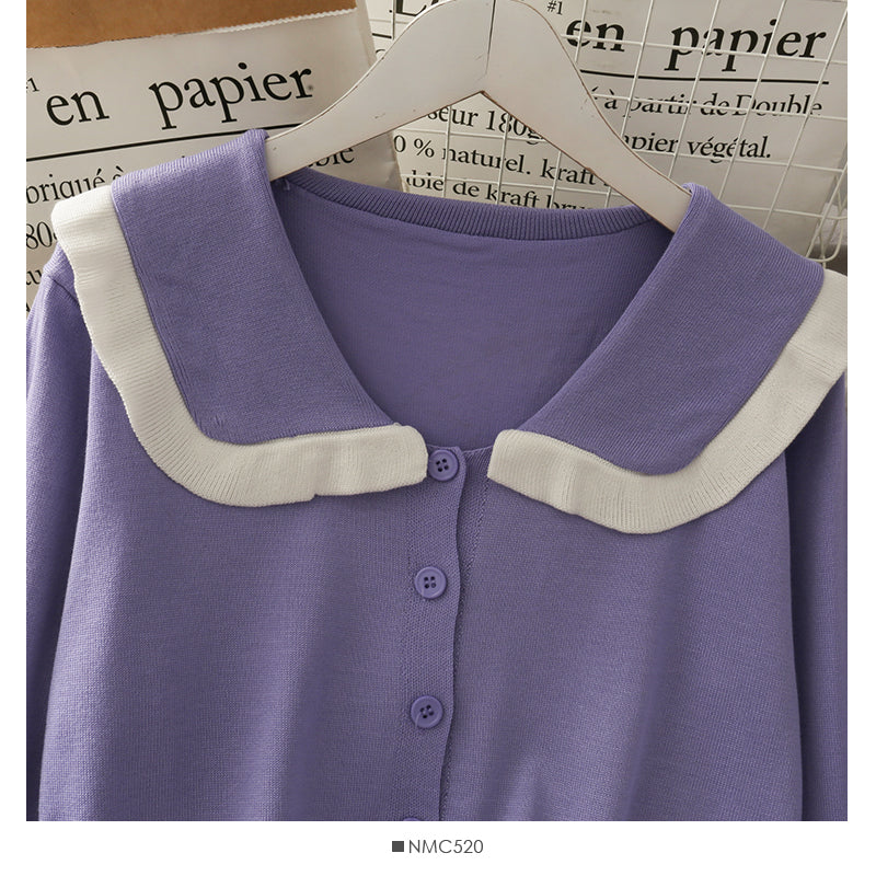 College style white border doll collar single breasted cardigan top  1806