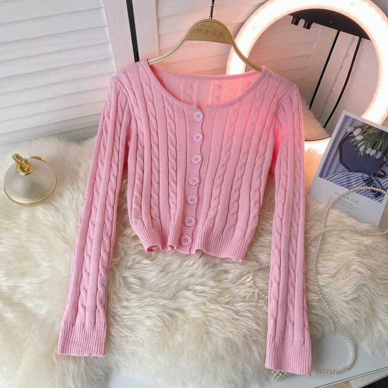 French retro single breasted twist wool sweater long sleeve knitting  1590