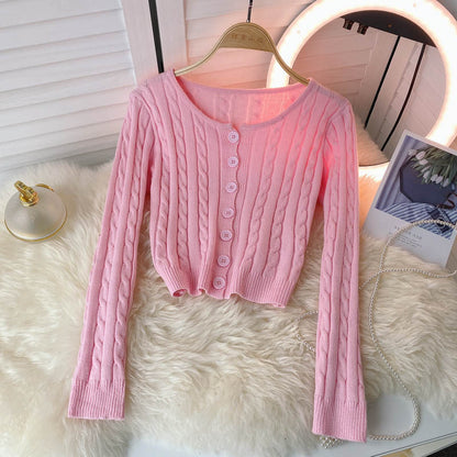 French retro single breasted twist wool sweater long sleeve knitting  1590