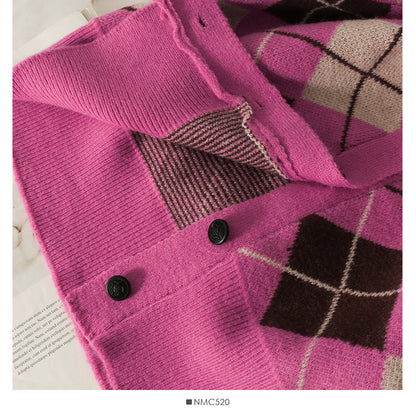 Diamond check single breasted V-Neck Sweater for women  1778