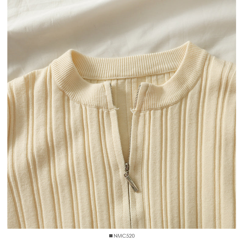 Slim vertical stripe crew neck short Zip Cardigan Sweater  1876