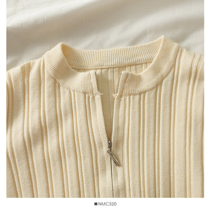 Slim vertical stripe crew neck short Zip Cardigan Sweater  1876