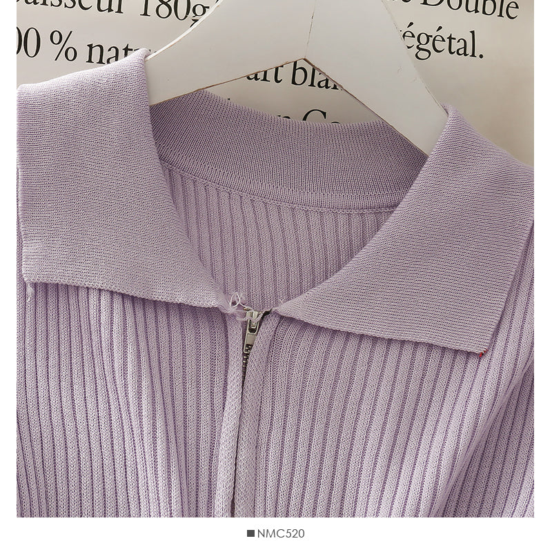 Personalized double zipper tight vertical stripe long sleeve knit  1777