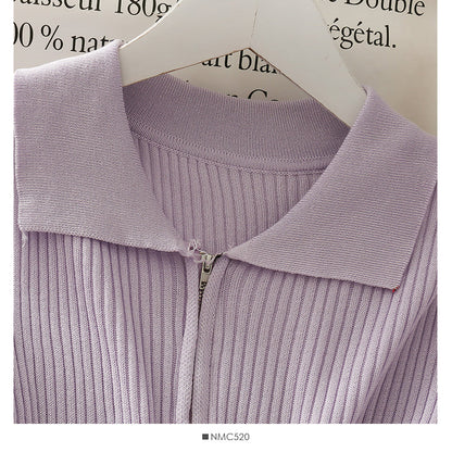 Personalized double zipper tight vertical stripe long sleeve knit  1777