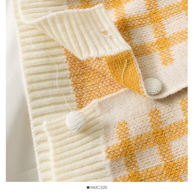 Korean retro color block check short loose knit women's shirt  1815