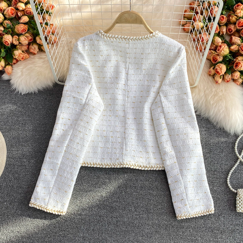 Temperament small fragrance bright silk woven single breasted long sleeved coat  1634