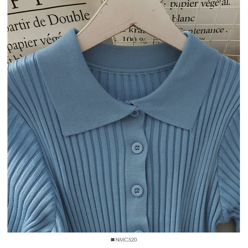 Korean solid color versatile breasted Lapel tight knit women's shirt  1842