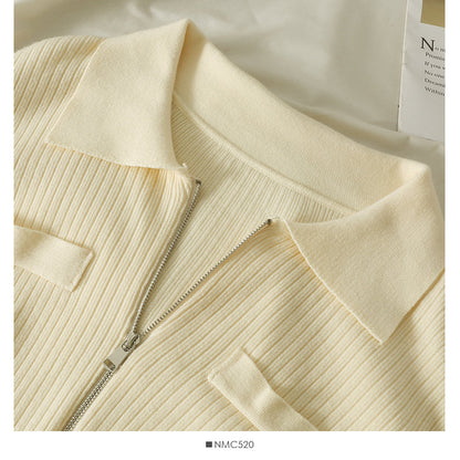 Lapel Zip Cardigan long sleeve vertical stripe top  1830