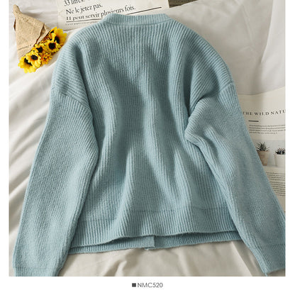 Large pocket round neck long sleeve cardigan sweater loose and thin breasted sweater  1978